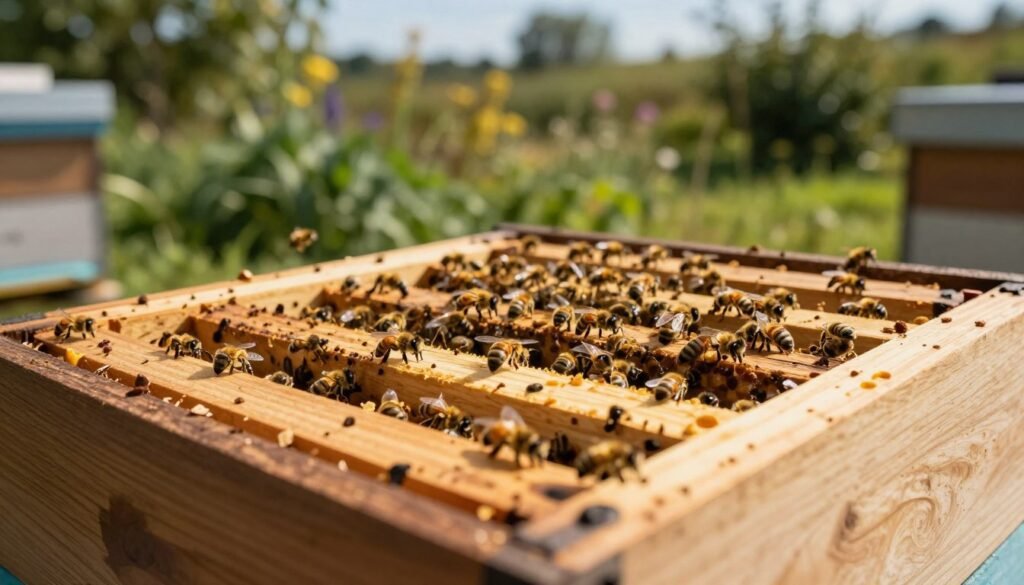 A detailed, close-up view of a slatted rack positioned prominently in the foreground, showcasing its wooden slats and the spaces in between, ideal for hive management. The middle ground features a vibrant bee colony interacting with the slatted rack, busy collecting nectar. In the background, a blurred, natural setting of a sunny garden with green plants and a clear blue sky, creating a warm, inviting atmosphere. The lighting is soft and natural, emphasizing the wood's texture and the lively movement of bees. The angle is slightly low to capture the slatted rack's structure and functionality, creating a sense of depth. The overall mood is serene and productive, reflecting a healthy bee environment.
