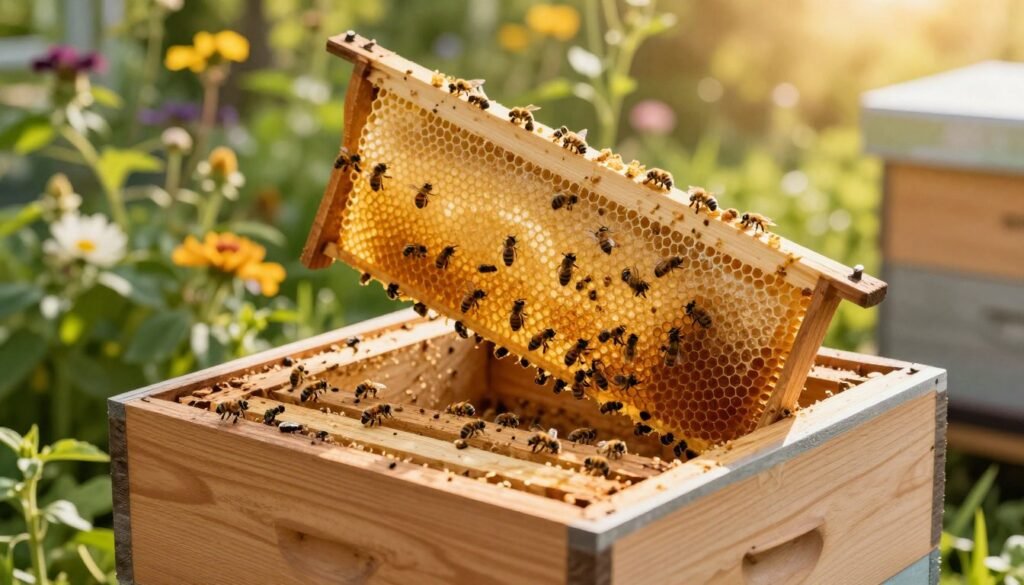 A detailed close-up view of a top bar hive, showcasing the comb ladder prominently, nestled among vibrant green foliage. In the foreground, the clean, natural wood of the hive contrasts with the delicate honeycomb structure, revealing bees actively working, illustrating their communal behavior. In the middle ground, the comb ladder is elegantly integrated into the hive design, emphasizing the management of space and preventing cross combing. The background features a softly blurred garden scene, filled with blooming flowers under warm, golden sunlight, creating a peaceful, productive atmosphere. Capture the scene from a slightly elevated angle for depth, with a focus on natural light that enhances the honey's golden sheen, evoking a sense of harmony in nature.