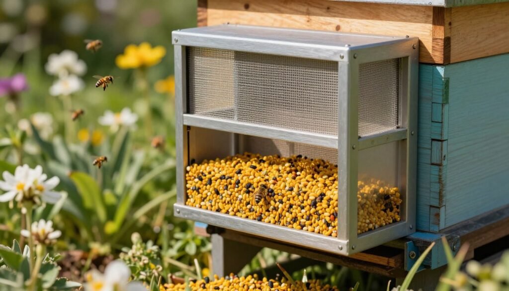 A detailed close-up view of an innovative pollen trap designed for small apiaries, showcasing its intricate components like mesh screens, collection chambers, and a sturdy frame. The foreground should highlight the pollen being collected, with colorful grains visible against a natural backdrop. In the middle ground, depict the pollen trap positioned strategically at the entrance of a beehive, emphasizing its role in effective management practices. The background should feature a sunny day in a lush garden setting, with blooming flowers and bees buzzing around. Soft, natural lighting creates a warm and inviting atmosphere, while a shallow depth of field ensures the pollen trap is the focal point, inviting viewers to appreciate its design and functionality.