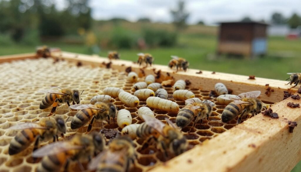 A detailed close-up view of honeybee larvae affected by European Foulbrood disease, showcasing the distinct symptoms such as light-colored, elongated, and discolored larvae in a honeycomb frame. The foreground features bees attending the brood area, their tiny bodies contrasting with the sickly larvae. In the middle ground, the hexagonal honeycomb structure is prominent, with some cells demonstrating signs of decay and infection. In the background, a faint, softly blurred garden or apiary setting creates an organic atmosphere. The lighting is natural, filtering through a bright and slightly overcast sky, casting delicate shadows that enhance the mood of concern and observation. The angle captures both the microscopic detail of the larvae and the overall hive environment, emphasizing the importance of recognizing these symptoms in beekeeping.