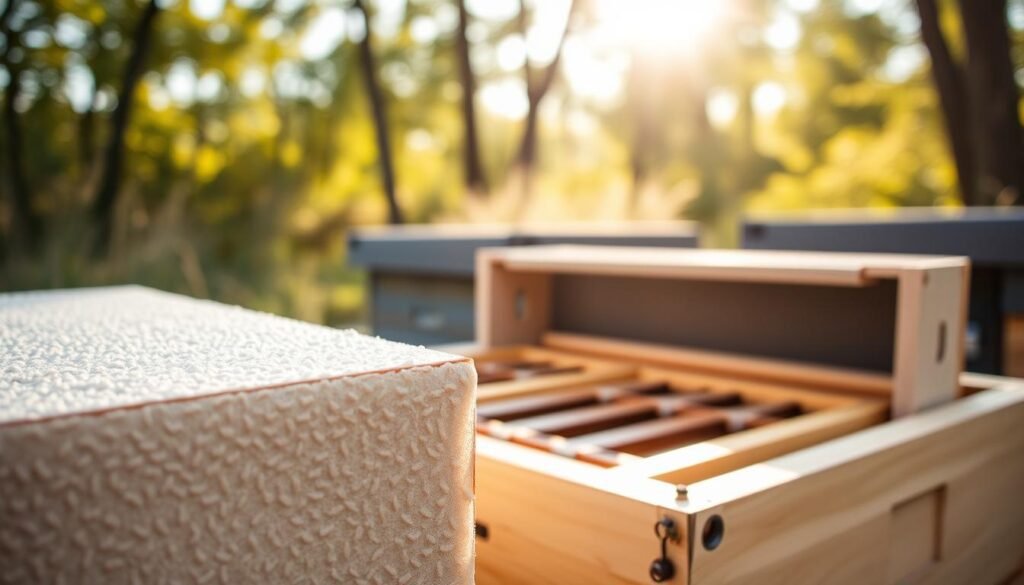 A detailed, close-up view of poly nuc insulation panels designed for honeybee transport, showcasing their lightweight yet sturdy construction. In the foreground, the textured outer surface of the insulation is highlighted, with attention to its robust seams and ventilation openings. The middle ground features a partially open nuc box, revealing the insulated interior, organized with frames for the bees. In the background, a natural outdoor setting implies a beekeeping environment, with soft sunlight filtering through trees, creating a warm and inviting atmosphere. The image should capture the efficient design of the insulation, emphasizing a sense of security and protection, with a focus on practicality and durability, shot with a shallow depth of field to accentuate the subject. A detailed, close-up view of poly nuc insulation panels designed for honeybee transport, showcasing their lightweight yet sturdy construction. In the foreground, the textured outer surface of the insulation is highlighted, with attention to its robust seams and ventilation openings. The middle ground features a partially open nuc box, revealing the insulated interior, organized with frames for the bees. In the background, a natural outdoor setting implies a beekeeping environment, with soft sunlight filtering through trees, creating a warm and inviting atmosphere. The image should capture the efficient design of the insulation, emphasizing a sense of security and protection, with a focus on practicality and durability, shot with a shallow depth of field to accentuate the subject.