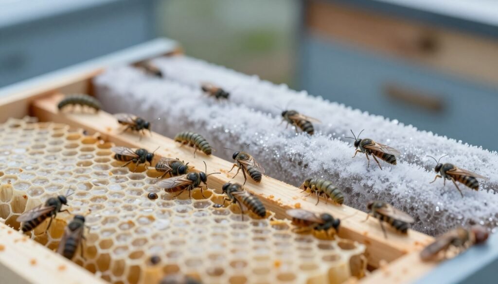 A detailed close-up view of wax moths in various life stages, including larvae and adult moths, on a honeycomb frame. The foreground showcases the delicate textures of the moths' wings and the intricate patterns of the honeycomb cells, with soft, natural lighting enhancing the colors. In the middle ground, a partially frozen frame surrounded by frosty air illustrates the freezing technique for pest control, with glistening ice crystals forming on the surface. The background features a cool-toned, softly blurred hive environment, evoking a sense of stillness and focus on pest management. The overall mood is clinical and educational, emphasizing the importance of proper pest control methods while maintaining a clean and professional aesthetic.