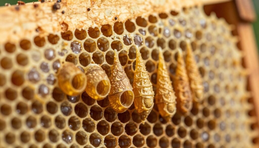 A detailed close-up view showcasing distinguishing drone cells and queen cells in a beehive. In the foreground, emphasize several drone cells, characterized by their larger, wider shape, with a modest golden color, alongside smaller, elongated queen cells that are distinctly tapered and suspended vertically. The middle ground features honeycomb hexagons in a natural wooden hive, with individual cells highlighted under soft, warm lighting that reflects the golden hues of the beeswax. In the background, a softly blurred image of a beehive, conveying a sense of depth. Capture the atmosphere of a serene, well-organized hive, evoking curiosity and clarity in understanding these fundamental differences, using a macro lens perspective to enhance details and textures.