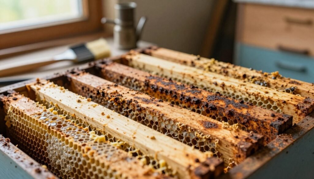 A detailed close-up view showcasing various hive frames, emphasizing signs of degradation such as rust, propolis buildup, and wear. The foreground features a weathered wooden frame with a partially unsealed honeycomb, illustrating propolis deposits. In the middle, several frames lean against each other, displaying varying degrees of rust and corrosion, with vivid textures highlighting these issues. The background softly blurs to reveal a beekeeping workspace, filled with tools like a smoker and bee brush, bathed in warm, natural light from a nearby window, creating a serene, focused atmosphere. The composition should capture the essence of careful inspection and maintenance of hive equipment, with a depth of field that draws attention to the intricate details of degradation.