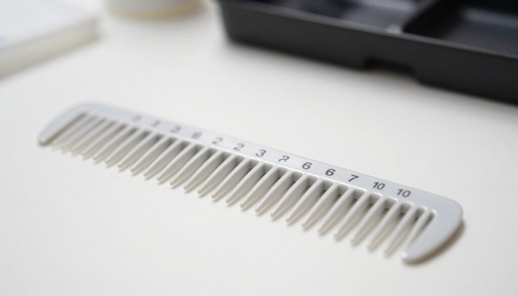 A detailed comb placed horizontally on a clean, white workspace. The comb has a series of numbered frames along its spine, each frame clearly marked with a bold number, sequentially arranged from one to ten. The comb is made of a sleek, polished plastic, reflecting soft ambient light. In the background, there are blurred outlines of a grooming kit to create context, ensuring the focus remains on the comb. The lighting is soft and even, providing clarity to the comb's design, while a shallow depth of field isolates the subject from the background. The atmosphere is professional and instructional, evoking a sense of organization and clarity in the presentation of the comb's features.