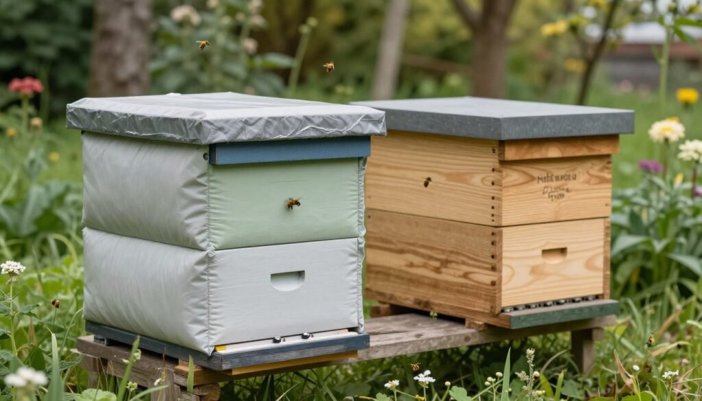A detailed comparison between an insulated nuc box and a standard nuc box placed side by side in a lush green garden setting. The foreground features the insulated nuc box, showcasing its thick, padded walls and sturdy construction, displaying contrasting colors to highlight its insulation properties. The standard nuc box beside it has a traditional wooden appearance, allowing textural differences to stand out. In the middle ground, bees can be seen actively buzzing around both boxes, emphasizing their functionality. The background includes soft-focus flowers and trees, creating a natural atmosphere. Soft, diffused daylight casts gentle shadows, enhancing the visual appeal. The overall mood is informative and peaceful, aiming to educate the viewer about these two types of nuc boxes. A detailed comparison between an insulated nuc box and a standard nuc box placed side by side in a lush green garden setting. The foreground features the insulated nuc box, showcasing its thick, padded walls and sturdy construction, displaying contrasting colors to highlight its insulation properties. The standard nuc box beside it has a traditional wooden appearance, allowing textural differences to stand out. In the middle ground, bees can be seen actively buzzing around both boxes, emphasizing their functionality. The background includes soft-focus flowers and trees, creating a natural atmosphere. Soft, diffused daylight casts gentle shadows, enhancing the visual appeal. The overall mood is informative and peaceful, aiming to educate the viewer about these two types of nuc boxes.