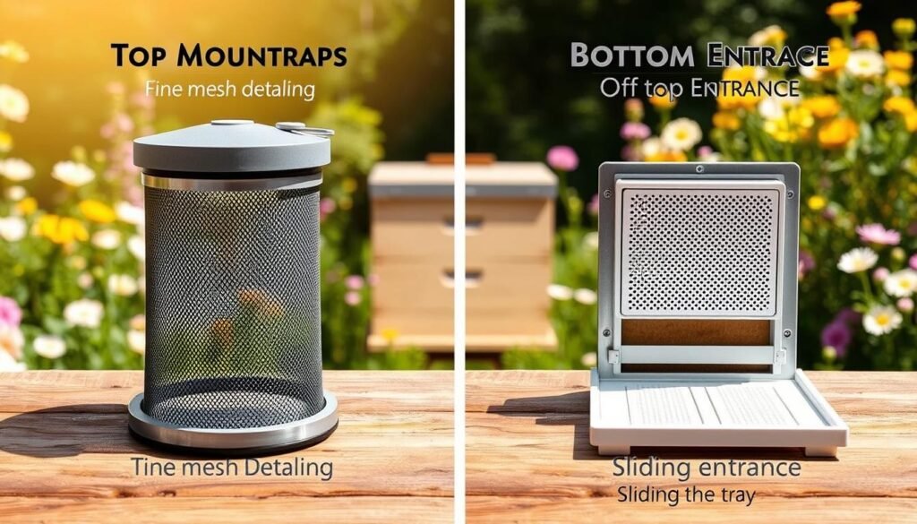 A detailed comparison image illustrating top-mounted and bottom-mounted pollen traps for beekeeping. In the foreground, feature two distinct pollen traps—one designed for top entrance and one for bottom entrance—positioned side by side on a wooden table. The top trap showcases fine mesh detailing and a unique removable lid, while the bottom trap displays a sturdy entrance with a sliding tray for easy pollen collection. The middle ground should capture a soft-focus view of a beehive, emphasizing both entrances. In the background, a warm, sunlit garden filled with blooming flowers enhances the scene’s outdoor atmosphere, while the lighting is bright and natural, highlighting the functionality of each pollen trap. The angle should be slightly above eye level to provide a clear, informative perspective.