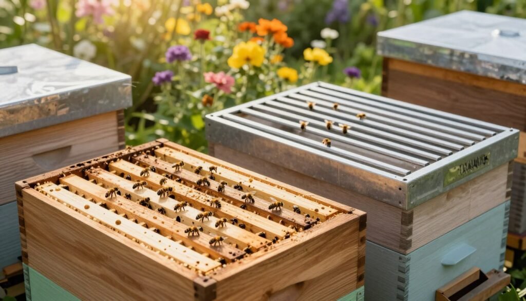 A detailed comparison image of various rack designs for beekeeping hives, showcasing both slatted and solid rack designs side by side. In the foreground, focus on a slatted rack with bees accessing the hive, constructed from natural wood, displaying its slots clearly. The middle ground features a comparison rack made of metal, designed for durability, with bees bustling around. The background includes a vibrant summer garden filled with blooming flowers, enhancing the hive's natural environment. The scene should be well-lit with warm sunlight filtering through leaves, creating a welcoming atmosphere. Use a slightly elevated angle to capture the details of the racks while maintaining the context of their surroundings, emphasizing the benefits of each design.