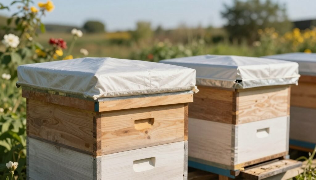 A detailed comparison image showcasing an insulated hive top beside a plain telescoping cover. In the foreground, the insulated hive top is prominently featured, illustrating its thickness and material texture, while the plain telescoping cover is placed right next to it for contrast. The middle ground includes a well-maintained beehive setting, with gentle sunlight illuminating the scene, highlighting the differences between insulation and basic design. The background consists of a natural garden, with soft focus on blooming flowers and a clear blue sky to evoke an ideal outdoor atmosphere. The image should have warm, inviting lighting, capturing the essence of beekeeping in a serene environment, reflecting the professionalism and dedication of beekeepers.