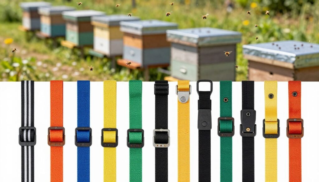 A detailed comparison of various hive straps designed for windy apiaries, prominently featuring multiple types of ratchet straps in the foreground. The straps should be displayed in an orderly fashion, showcasing their unique designs, textures, and materials, such as durable nylon and rust-resistant metal. In the middle ground, a blurred backdrop of a well-maintained apiary, with beehives secured and fluttering bee activity, adds context. The lighting must be bright and natural, mimicking a sunny day, enhancing the straps' colors and textures. Use a slightly angled perspective to emphasize depth, creating a sense of organization and clarity. The mood is professional and informative, targeting beekeepers and enthusiasts interested in reliable anchoring solutions.