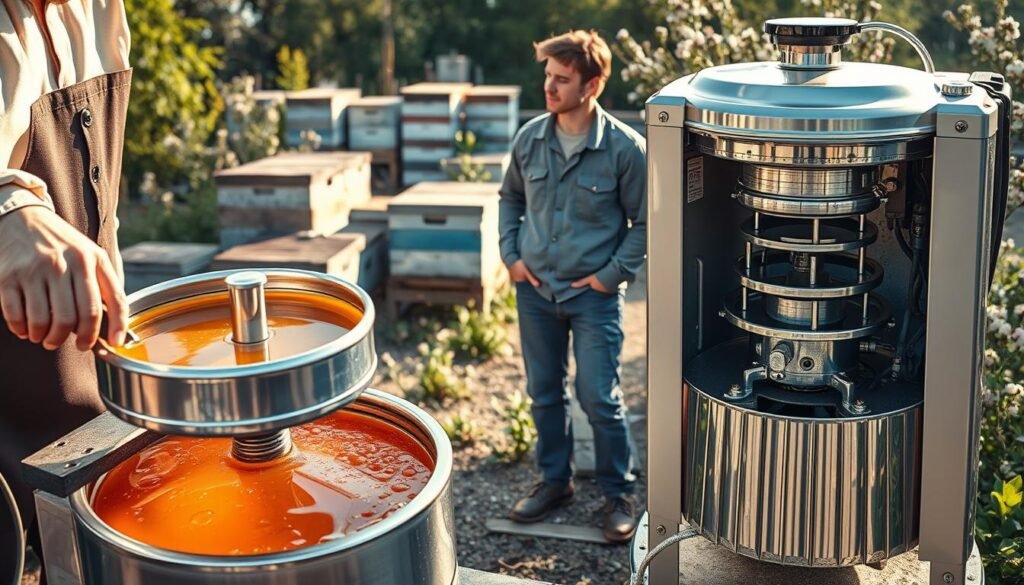 A detailed comparison scene showcasing a manual honey extractor and an electric honey extractor in use. In the foreground, a person dressed in professional attire is operating the manual extractor, using a crank mechanism, with honey-filled frames nearby. The extractor shines in metallic tones under warm, natural lighting that highlights the honey glistening inside. In the middle ground, an electric honey extractor stands prominently, its mechanical parts subtly visible, as a second individual in modest casual clothing observes its operation with interest. The background features a rustic apiary setting, with beehives and blooming flowers, enhancing the atmosphere of an active honey extraction process. The image captures a sense of productivity and efficiency, encouraging comparison between both methods. A detailed comparison scene showcasing a manual honey extractor and an electric honey extractor in use. In the foreground, a person dressed in professional attire is operating the manual extractor, using a crank mechanism, with honey-filled frames nearby. The extractor shines in metallic tones under warm, natural lighting that highlights the honey glistening inside. In the middle ground, an electric honey extractor stands prominently, its mechanical parts subtly visible, as a second individual in modest casual clothing observes its operation with interest. The background features a rustic apiary setting, with beehives and blooming flowers, enhancing the atmosphere of an active honey extraction process. The image captures a sense of productivity and efficiency, encouraging comparison between both methods.