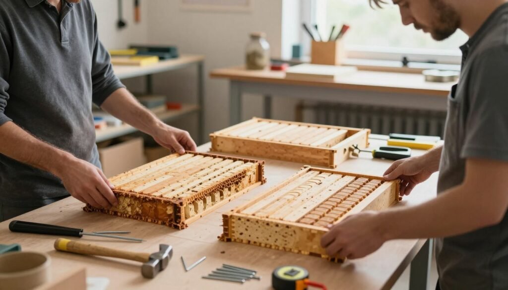 A detailed comparison scene showcasing the assembly process of two beehive frame types: a grooved top bar frame and a wedged top bar frame. In the foreground, depict two professional individuals in modest, casual clothing, intently working on assembling the frames, surrounded by tools like a hammer, nails, and a measurement tape. In the middle ground, illustrate the partially assembled frames, highlighting the distinct grooved and wedged designs. The background should feature a clean workshop environment with shelves holding additional assembly tools and materials. Natural light pours in through a window, illuminating the workspace, creating a focused and industrious atmosphere. Use a soft focus lens effect to enhance the sharpness of the subjects while subtly blurring the background for depth.