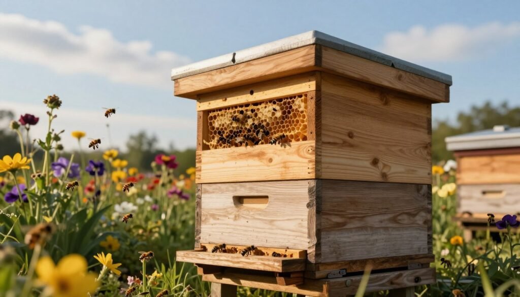 A detailed composition of a modern brood box designed for beekeeping, prominently placed in the foreground. The brood box, made of natural wood with visible honeycomb frames, features intricate details such as ventilation holes and side handles. In the middle ground, illustrate a vibrant garden, brimming with blooming flowers attracting bees, showcasing various pollination activity. The background reveals a clear blue sky with soft, wispy clouds, adding a serene atmosphere. The lighting is warm and inviting, resembling late afternoon sun, casting gentle shadows on the ground. Capture the scene from a slightly elevated angle to provide depth, emphasizing the hive's role in supporting pollination. The mood is tranquil and informative, reflecting the harmony of nature and beekeeping.