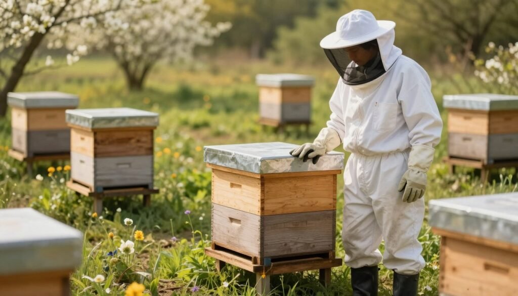 A detailed composition of essential protective gear for beekeepers, including a white full-body beekeeping suit with a ventilated veil, gloves, and sturdy boots, prominently displayed in the foreground. The middle ground features a wooden hive set in a sunny outdoor environment with green grass and blooming flowers, emphasizing a natural setting. In the background, soft focus shows a safe, tranquil apiary with several hives distanced from one another. The lighting is warm and inviting, casting gentle shadows that highlight the texture of the protective gear. The mood is serene and professional, reflecting the importance of safety and hygiene in beekeeping practices. No text or branding is visible. A detailed composition of essential protective gear for beekeepers, including a white full-body beekeeping suit with a ventilated veil, gloves, and sturdy boots, prominently displayed in the foreground. The middle ground features a wooden hive set in a sunny outdoor environment with green grass and blooming flowers, emphasizing a natural setting. In the background, soft focus shows a safe, tranquil apiary with several hives distanced from one another. The lighting is warm and inviting, casting gentle shadows that highlight the texture of the protective gear. The mood is serene and professional, reflecting the importance of safety and hygiene in beekeeping practices. No text or branding is visible.
