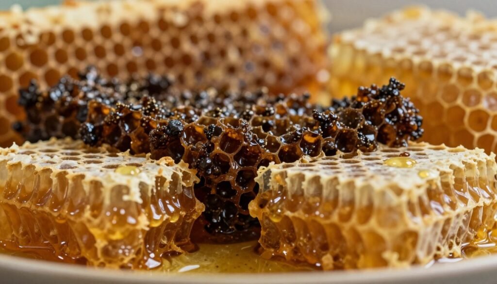 A detailed composition of hive residue, showcasing various elements such as beeswax, honeycomb fragments, and propolis, all presented in a close-up view. In the foreground, glistening droplets of honey can be seen pooling around textured pieces of old honeycomb, emphasizing the rich, golden tones. The middle layer captures clusters of dark, sticky propolis, offering a deep contrast to the warm hues of beeswax. In the background, a soft-focused beehive interior gives depth, with a gentle, diffused light illuminating the scene, creating an inviting and organic atmosphere. The overall mood is warm and earthy, embodying the essence of beekeeping and the natural process of honey production. The lens should evoke macro photography vibes to highlight intricate textures. A detailed composition of hive residue, showcasing various elements such as beeswax, honeycomb fragments, and propolis, all presented in a close-up view. In the foreground, glistening droplets of honey can be seen pooling around textured pieces of old honeycomb, emphasizing the rich, golden tones. The middle layer captures clusters of dark, sticky propolis, offering a deep contrast to the warm hues of beeswax. In the background, a soft-focused beehive interior gives depth, with a gentle, diffused light illuminating the scene, creating an inviting and organic atmosphere. The overall mood is warm and earthy, embodying the essence of beekeeping and the natural process of honey production. The lens should evoke macro photography vibes to highlight intricate textures.
