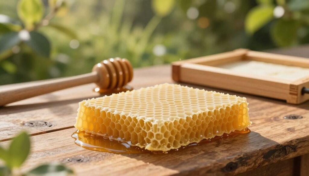 A detailed composition of pure beeswax foundation, showcasing its smooth, golden surface with intricate cellular patterns. In the foreground, a slab of beeswax foundation sits on a rustic, wooden beekeeping workbench, subtly reflecting warm sunlight. In the middle, there are tools of natural beekeeping, like a honey extractor and wooden frames, artfully arranged to highlight eco-friendly practices. The background features soft-focus greenery, suggesting a thriving garden where bees flourish, with gentle, dappled sunlight filtering through the leaves, creating a serene atmosphere. The scene conveys harmony with nature, emphasizing the importance of natural materials in sustainable beekeeping. The lighting is warm and inviting, enhancing the honey-like color of the beeswax, captured from an eye-level angle to provide an intimate perspective.