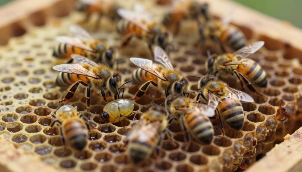 A detailed cross-section of honey bee brood development, featuring capped and open cells of the brood comb. In the foreground, a close-up view of bee larvae in different stages, showcasing their translucent bodies and varying sizes, nestled in hexagonal wax cells. The middle ground includes worker bees tending to the brood, with delicate wings and intricate patterns on their bodies. The background depicts a softly blurred hive interior, illuminated with warm, natural light to create a cozy, thriving atmosphere. The image should capture the intricate details of the brood, emphasizing biology and lifecycle, with a focus on texture and color contrast, showcasing earthy browns and golden yellows. Use a slight overhead angle to provide a comprehensive view of the comb.