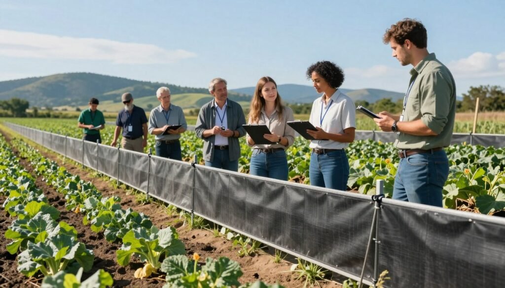 A detailed depiction of a barrier management system in an agricultural setting focused on disease prevention. In the foreground, show a well-structured physical barrier made of sturdy fencing, surrounded by thriving crops, symbolizing health. In the middle, illustrate a team of professionals in modest casual clothing actively inspecting the barrier with tools such as clipboards and tablets, discussing best practices to mitigate disease. The background features a serene landscape with rolling hills under a bright, clear blue sky, conveying a sense of safety and vigilance. Utilize natural lighting to highlight the vibrant colors of the crops and the dedication of the team. The overall mood should be positive and proactive, emphasizing diligence in preventing brood diseases.