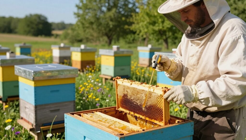 A detailed depiction of a beekeeper in professional attire, carefully applying oxalic acid in a vivid, sunlit apiary during a broodless period. In the foreground, show the beekeeper holding a dribble applicator, focused on a hive with an open lid, revealing frames filled with honeycombs and stark contrasts between the dark wood and bright honey. The middle section captures the surrounding hives, each adorned with vibrant colors, set against blooming wildflowers and a clear blue sky. The background features lush green trees, softly blurred to emphasize the action in the foreground. The scene is illuminated by warm natural lighting, creating a calm and productive atmosphere, showcasing the effectiveness of oxalic acid treatment in maintaining hive health.