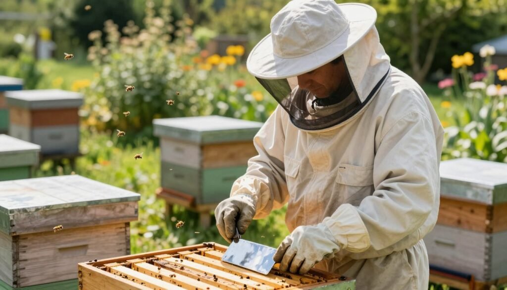 A detailed depiction of a beekeeper in protective gear, including a full bee suit, gloves, and a helmet with a veil, standing outdoors in a serene apiary setting. The foreground focuses on the beekeeper examining disinfected hive tools placed on a wooden table. The middle ground features beehives, some in use with bees flying around, while the background shows a sunlit garden with flowers and greenery to create a vibrant atmosphere. Use natural daylight to enhance the clarity and colors, capturing the reflective surfaces of the tools and the texture of the protective gear. The mood is calm and professional, emphasizing the importance of hygiene in beekeeping practices. The angle should provide a balanced view of the beekeeper and the tools without distracting elements.
