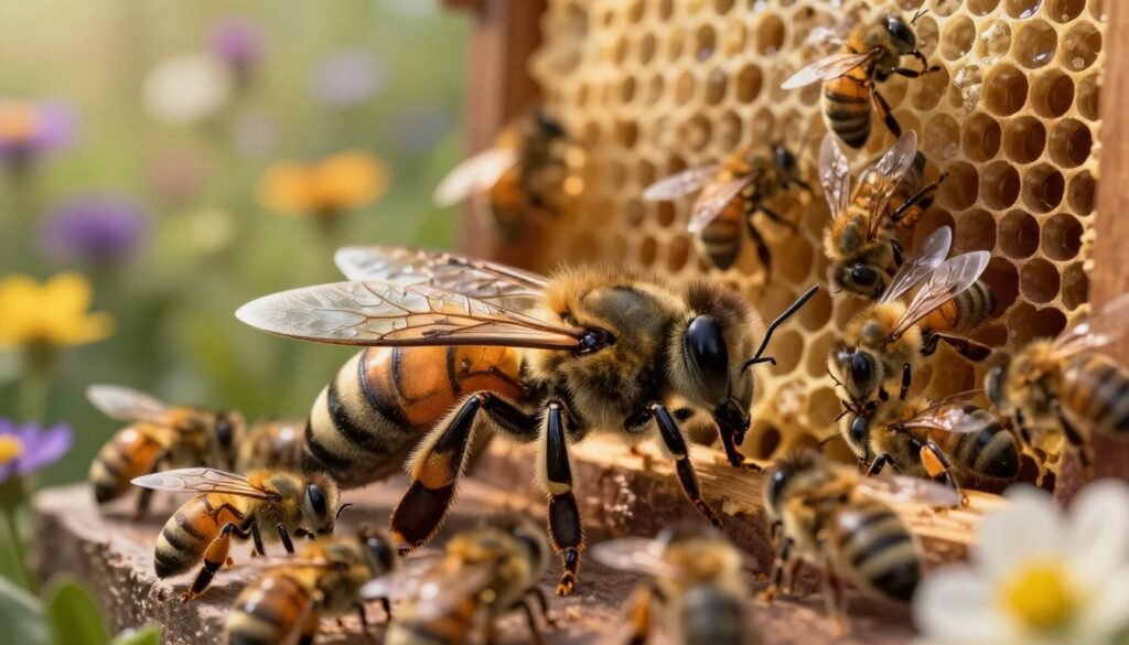A detailed depiction of a "brood cycle queen" in an organic setting, showcasing her in the foreground as a majestic, large insect with intricate patterns on her wings, and a shiny exoskeleton reflecting soft sunlight. She is surrounded by her worker bees, diligently attending to her, symbolizing collaboration and nurturing. In the middle ground, depict a vibrant beehive bustling with activity, with honeycomb structures visible. The background should feature a lush garden, with blooming flowers providing a rich contrast. The lighting is warm and inviting, suggesting early morning or late afternoon, creating an atmosphere of calm productivity. Use a macro lens perspective to emphasize the textures of the queen and her environment, capturing the essence of nature’s lifecycle and resilience.