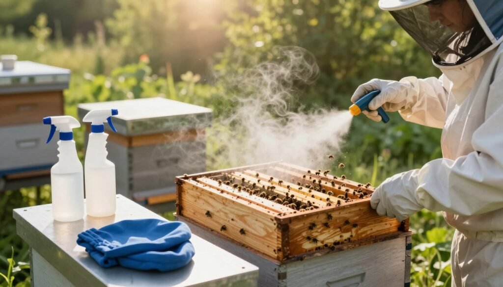 A detailed depiction of a chemical disinfection hive in a modern beekeeping environment. In the foreground, showcase a well-equipped beekeeping station with various disinfection tools, including spray bottles and protective gear. In the middle ground, illustrate a hive being treated with a gentle mist of disinfectant, with bees visibly active but unharmed. In the background, show lush green vegetation and sunlight filtering through trees, creating a warm, inviting atmosphere. Use soft, natural lighting to evoke a sense of care and professionalism. The lens should capture the scene from a slightly elevated angle, ensuring a clear view of the hive and equipment. The overall mood should convey a balance of health, safety, and respect for the bees.