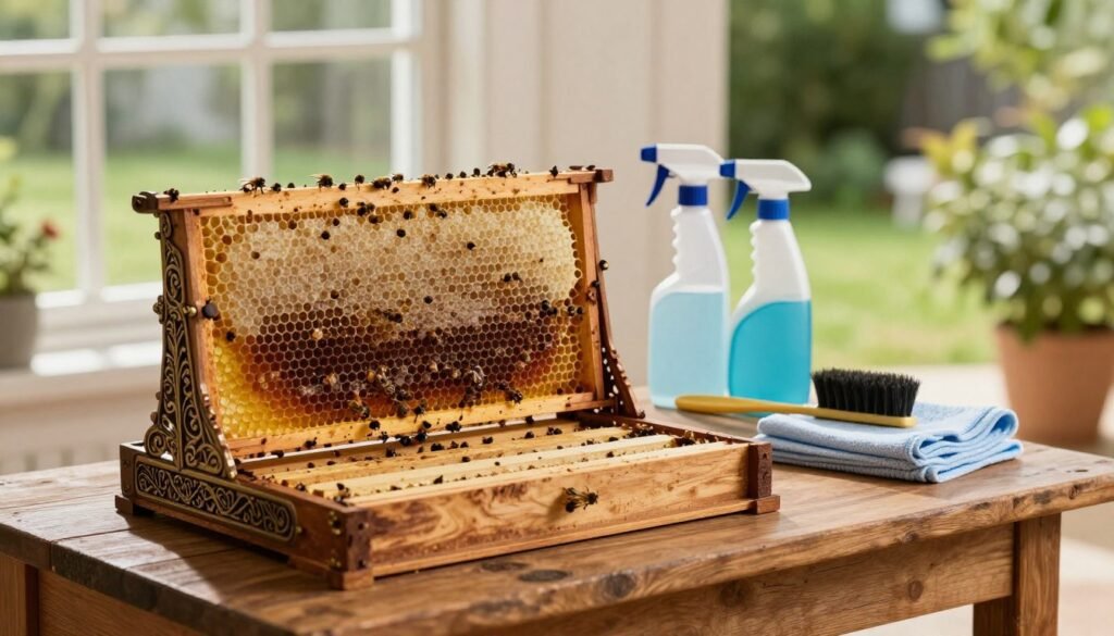 A detailed depiction of a queen bee cage, placed on a rustic wooden table, illuminated by soft natural light coming from a nearby window. The foreground features the ornate structure of the cage with intricate designs, showcasing a vibrant array of honeycomb patterns and a glass panel revealing the interior. In the middle, a set of cleaning supplies such as brushes, disinfectant spray, and cloths are artfully arranged, suggesting preparation for deep cleaning. The background showcases a serene outdoor garden, slightly blurred to emphasize the foreground details. The mood is peaceful yet industrious, with an emphasis on cleanliness and care, evoking a sense of meticulous preparation. The image is composed with a shallow depth of field to enhance the focus on the queen bee cage and cleaning supplies, creating a harmonious and inviting atmosphere.