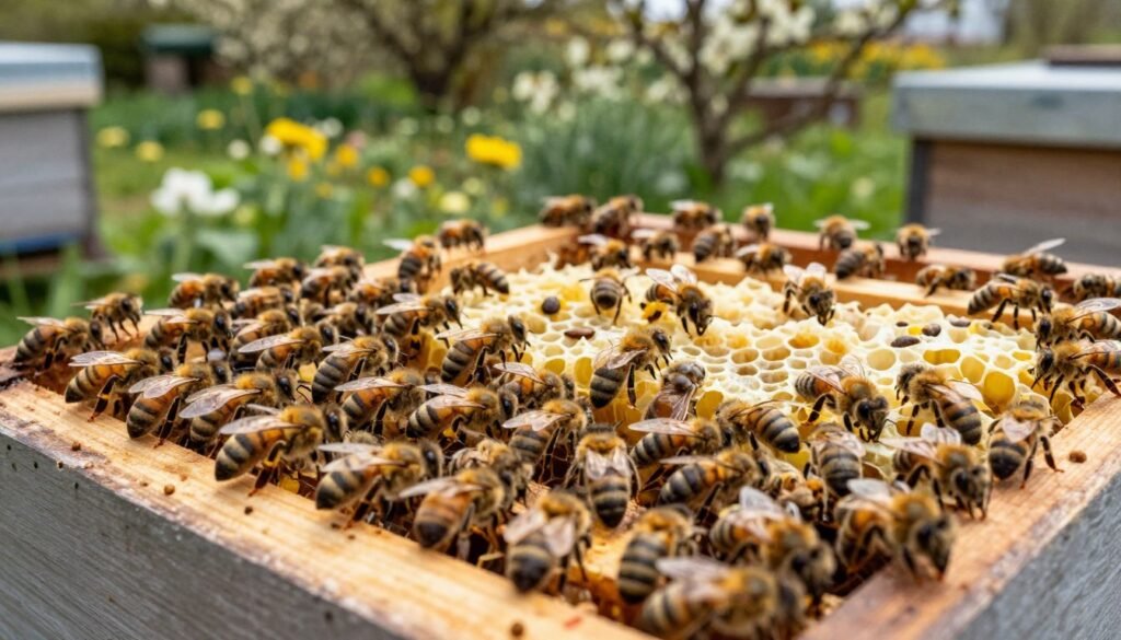 A detailed depiction of a queenless bee colony in a natural setting. In the foreground, show a cluster of busy honeybees congregating around open brood frames inside a wooden beehive, highlighting their frantic foraging behavior and interaction. In the middle ground, include scattered wax comb and bee larvae, illustrating the hive's activity and the absence of a queen. The background should feature a lush garden with blooming flowers, emphasizing the active environment where bees gather pollen. Use soft, natural lighting that filters through trees, creating a warm, inviting atmosphere. Capture the image from a slightly elevated angle to provide a clear view of the hive's interior while maintaining a sense of realism and depth. The overall mood should evoke a sense of urgency and community as the bees adjust to their queenless state.
