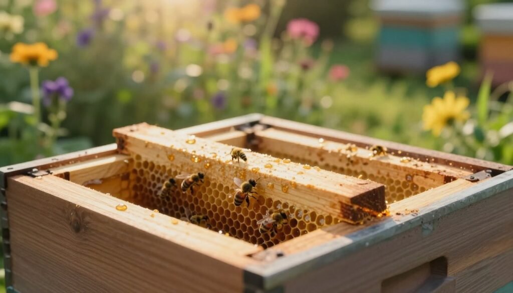 A detailed depiction of a wedged top bar foundation for a beehive frame, showcasing the unique design features. In the foreground, focus on the wedged top bar, highlighting its angled edge and how it securely holds the frame in place. The middle ground should illustrate the beehive structure, with honeycomb patterns and bees actively working within. The background features a soft-focus garden, filled with vibrant flowers, bathed in warm sunlight to create a serene atmosphere. Use natural lighting to emphasize the texture of the wood and the glistening honey. Capture the scene from a slightly elevated angle to provide a clear view of the wedged top bar's functionality, ensuring it resonates with the theme of beekeeping efficiency. The overall mood should be calm and informative, inviting the viewer to learn more about the topic.