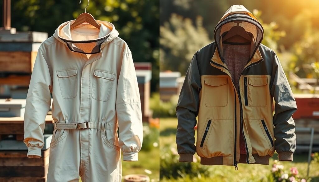 A detailed display of comparing beekeeping gear, featuring a full bee suit on one side and a jacket with a veil on the other. In the foreground, the full bee suit is shown hanging on a rustic wooden hanger, complete with gloves and a ventilated hood. The jacket is draped on a contrasting dark surface, emphasizing its lightweight materials and breathable fabric. The middle layer showcases a comparison of texture and construction, highlighting zippers, mesh panels, and pockets. In the background, a sunny outdoor apiary scene with beehives and flowering plants creates a warm and inviting atmosphere. Use soft, natural lighting to enhance the details, with a slight bokeh effect to keep the focus on the suits. The overall mood conveys professionalism and practicality in beekeeping.