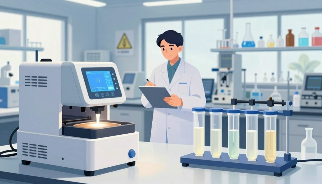 A detailed, educational illustration comparing flash treatments and extended-release methods of formic acid application. In the foreground, display two contrasting laboratory setups: on the left, a high-tech flash treatment apparatus featuring a digital display and precise controls, exuding a sleek, modern vibe. On the right, a slowly releasing system depicted with a series of graduated cylinders showcasing the gradual dispersion of formic acid, suggesting a more methodical process. In the middle ground, include a researcher in professional attire observing both setups attentively, embodying a sense of inquiry and focus. The background features a well-organized research lab with equipment, chemical safety signage, and ample natural light filtering through large windows, creating an atmosphere of scientific rigor and innovation. Use soft, balanced lighting to highlight the contrasting methods while ensuring clarity and detail are maintained throughout.