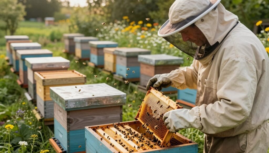 A detailed, educational scene depicting a professional beekeeper in modest attire, meticulously managing a bustling beehive. In the foreground, the beekeeper carefully inspects honeycomb frames, wearing protective gloves and a veil. In the middle ground, various hives are arranged in neat rows, some with bees actively flying around, while others have frames set aside, showcasing stored honey and brood. The background features a lush garden with wildflowers, emphasizing the importance of natural forage for the hive. Soft, warm lighting filters through the trees, creating a serene, focused atmosphere. The angle is slightly elevated, capturing both the worker bees and the beekeeper's attentive actions, illustrating the delicate balance of managing hive population and stores.