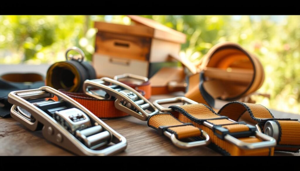 A detailed evaluation scene of ratchet straps in use for securing moving hives, vividly depicting various types of robust ratchet straps laid out on a wooden surface. In the foreground, focus on the ratchet mechanisms, showcasing their intricate designs with metallic finishes and contrasting colored straps. The middle ground features a partially opened hive, demonstrating how the straps are wrapped securely around it, emphasizing proper securing techniques. In the background, a bright, natural setting reveals a sunny day with a soft focus on greenery that evokes a sense of safety and care in the process of moving hives. Soft, diffused lighting highlights the textures of the straps and hives, while a slight depth of field draws attention to the subject. The atmosphere conveys professionalism and attention to detail in evaluating the best ratchet straps for hive transport.