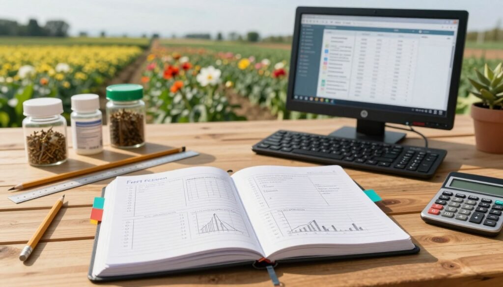 A detailed farm recordkeeping tool featuring an open notebook displaying a pollination season template, surrounded by neatly organized farming supplies. In the foreground, show the notebook with handwritten entries, graphs depicting pollination data, and color-coded tabs for easy navigation. The middle ground should include a wooden desk with a computer displaying a digital recordkeeping software alongside essential farming tools like a pencil, ruler, and a small calculator. In the background, farms with flowering crops stretch into the distance under a bright, sunny sky. Soft, natural lighting enhances the warmth of the scene, evoking a sense of productivity and organization essential for effective recordkeeping during the pollination season. The atmosphere should feel inviting and industrious, encouraging diligent documentation.