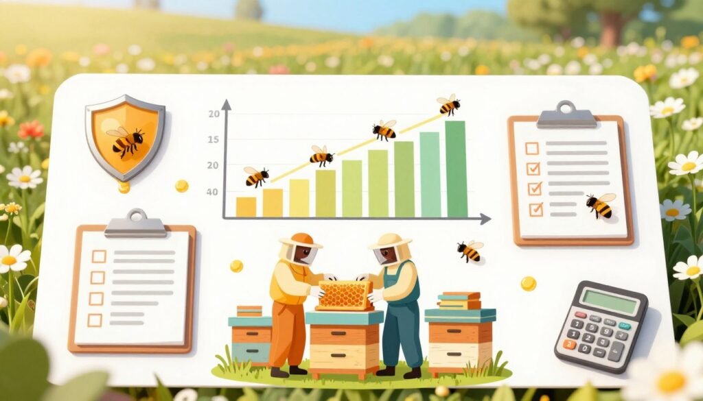 A detailed flat lay image showcasing various essential coverage types for a pollination service liability insurance context. In the foreground, display vibrant illustrations of beekeepers in professional attire inspecting beehives and honeycomb, surrounded by symbolic representations of insurance elements such as a shield, a clipboard with checkboxes, and a calculator. The middle ground features a stylized graph indicating coverage options and benefits, with honey and bees subtly incorporated into the design. The background should be a soft-focus scene of an enchanting flowering landscape, evoking a sense of harmony between nature and agriculture. The lighting is bright and warm, suggesting a sunny day, enhancing the optimistic atmosphere of protection and growth in the beekeeping business. Capture this scene from a top-down angle, ensuring all elements are clear and visually engaging.