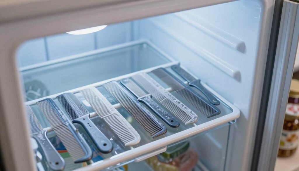 A detailed freeze frame of a transparent freezer filled with drawn combs, showcasing them artistically arranged in neat sections. In the foreground, close-up shots of the drawn comb, glistening with frost, revealing its intricate hexagonal structure. The middle ground features the freezer door slightly ajar, with soft light spilling out, illuminating the combs in a cool blue glow. In the background, soft-focus kitchen elements subtly hinting at a safe food storage environment, such as a shelf stocked with jars. The overall atmosphere feels calm and professional, evoking a sense of meticulous care and effectiveness in pest elimination techniques. The lighting is soft and natural, mimicking the gentle ambiance of a well-lit kitchen, captured from a slightly elevated angle for depth.