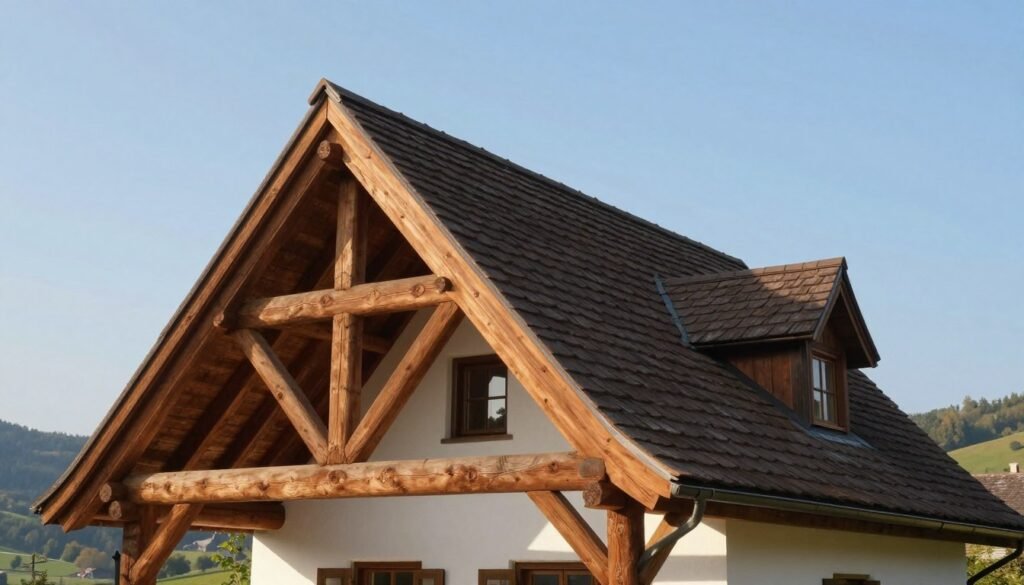 A detailed gable roof design set against a clear blue sky. In the foreground, showcase a well-constructed wooden gabled roof with intricate trusses and a rich brown finish. The middle ground features a cozy cottage that exhibits the gable roof's distinctive triangular shape, complete with visible shingles and charming eaves. The background includes a serene landscape with rolling hills and a touch of greenery, suggesting a peaceful rural setting. Soft sunlight casts gentle shadows, enhancing the depth of the textures in the roof and walls. The lens perspective captures the structure from a slightly elevated angle, giving an expansive view of the roof's design. The overall mood is warm and inviting, emphasizing the aesthetic appeal of gable roofs.