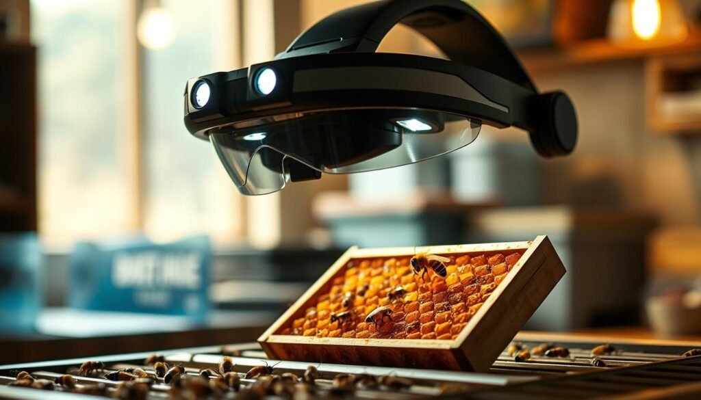 A detailed head-mounted visor lens designed for magnifying small objects, prominently displayed in the foreground. The visor features an adjustable frame, clear optical lenses, and built-in LED lights for enhanced visibility. In the middle ground, a bee frame is carefully placed, showcasing the intricate details of honeycomb and eggs, under the scrutiny of the visor. The background is a softly blurred beekeeping workshop, with natural light filtering through a nearby window, illuminating the scene with a warm, inviting glow. The overall mood conveys precision and focus, ideal for inspection tasks, emphasizing the importance of magnification in entomological studies. The image captures both functionality and clarity, with no distractions or text overlays.