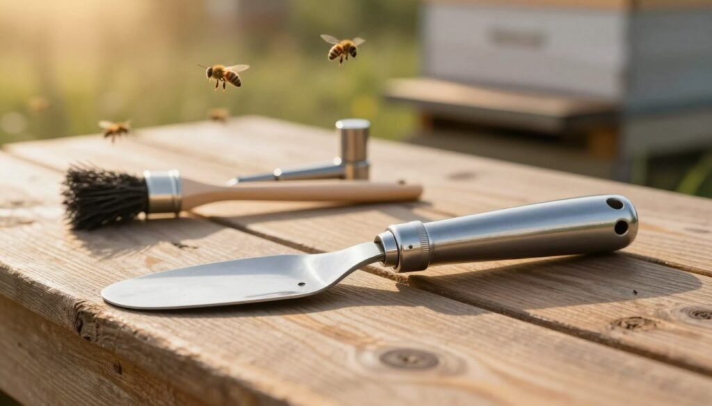 A detailed hive tool resting on a rustic wooden surface, showcasing its metallic components with a sleek design, including a curved scraper and a robust handle for optimal grip. The foreground highlights the texture of the wood, emphasizing the tool's shiny finish. In the middle, subtle tools like a smoker and a bee brush are arranged neatly, complementing the hive tool's functionality. The background features a blurred beehive with busy bees flying around, bathed in soft golden afternoon sunlight. The overall mood is one of calm and productivity, inviting readers into the world of beekeeping maintenance. The scene should convey a sense of warmth and dedication to the craft of beekeeping, with a focus on the essential tools of the trade.