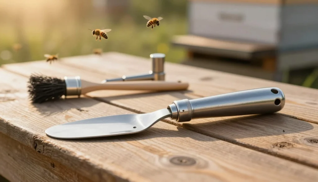 A detailed hive tool resting on a rustic wooden surface