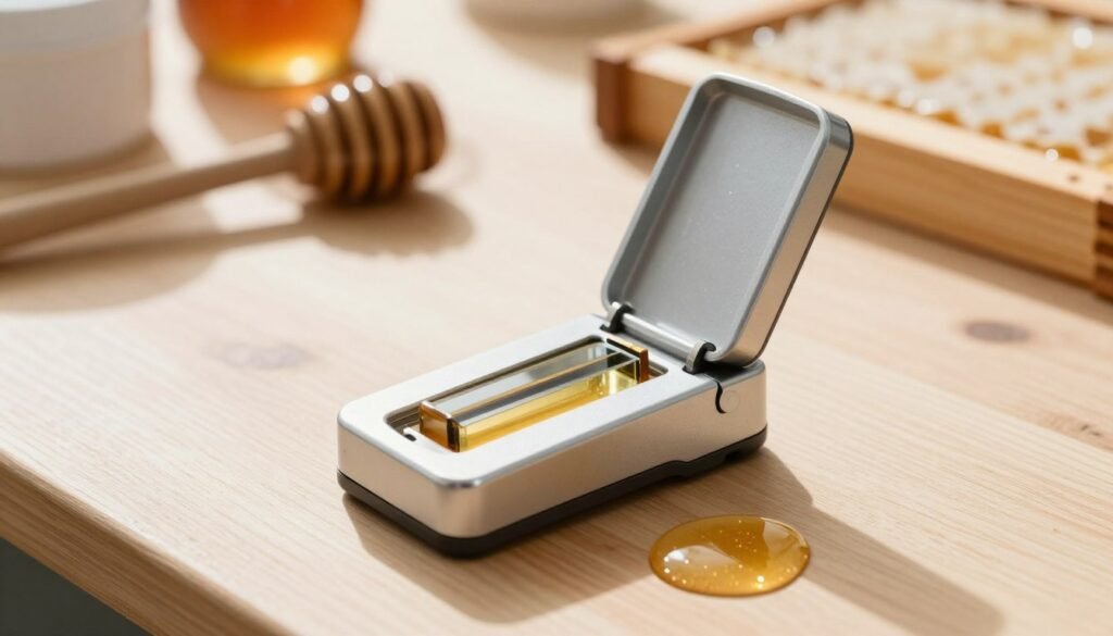 A detailed honey refractometer on a wooden table in a bright, natural light setting. The refractometer, a sleek, silver instrument with a glass prism, sits open, focusing sunlight that creates a sparkling effect on honey droplets placed nearby. In the background, blurred beekeeping tools such as a smoker and hive frame evoke a cozy, analytical atmosphere of a workshop dedicated to honey analysis. Soft shadows play across the table surface, enhancing the contrast with the warm, amber tones of the honey. The scene captures a moment of careful examination, emphasizing the importance of moisture in ensuring honey's stability, with a tranquil and scientific mood throughout. A detailed honey refractometer on a wooden table in a bright, natural light setting. The refractometer, a sleek, silver instrument with a glass prism, sits open, focusing sunlight that creates a sparkling effect on honey droplets placed nearby. In the background, blurred beekeeping tools such as a smoker and hive frame evoke a cozy, analytical atmosphere of a workshop dedicated to honey analysis. Soft shadows play across the table surface, enhancing the contrast with the warm, amber tones of the honey. The scene captures a moment of careful examination, emphasizing the importance of moisture in ensuring honey's stability, with a tranquil and scientific mood throughout.