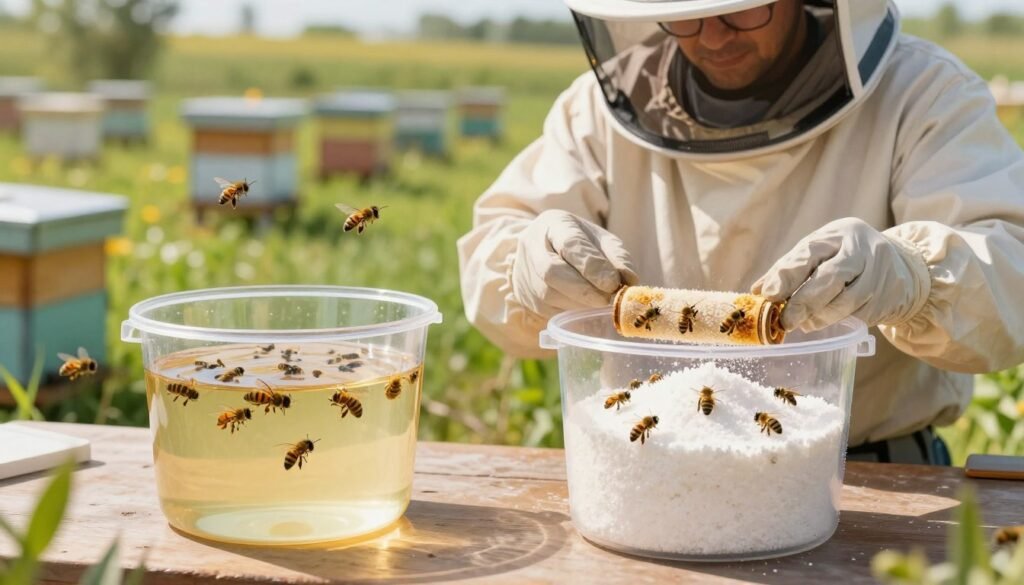A detailed illustration comparing the alcohol wash method on one side and the sugar roll method on the other for Varroa mite sampling in beekeeping. In the foreground, depict two transparent containers filled with a sampling mixture; one showcasing clear alcohol with bees suspended inside, and the other presenting a powdery sugar cloud with bees dusted over it. The middle ground features a beekeeper wearing professional attire, carefully examining both sampling methods under a warm, natural light. In the background, a lush green apiary with rows of hives stretches out, with honey bees flying actively. Capture a sense of scientific exploration and methodical comparison, with soft focus on the background to emphasize the beekeeper and the sampling techniques.