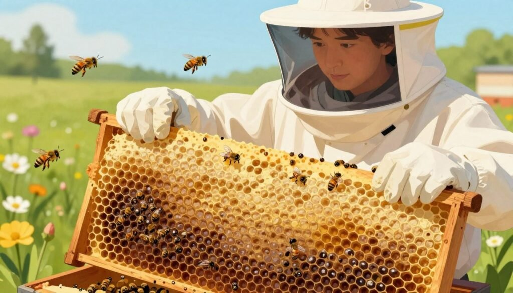 A detailed illustration depicting common misconceptions about brood patterns in a beehive. In the foreground, show a close-up view of a honeycomb with varied brood patterns, highlighting incorrect associations with drone laying. The middle ground features a professional apiarist wearing a beekeeping suit, thoughtfully inspecting the brood patterns under soft, natural lighting. In the background, a serene outdoor environment with blooming flowers and a few busy bees flying around, creating a vibrant, lively feel. Use a slightly elevated angle to capture both the hive and the apiarist's focused expression. The overall atmosphere should be educational and enlightening, emphasizing the importance of understanding bee behavior in a friendly yet informative manner.