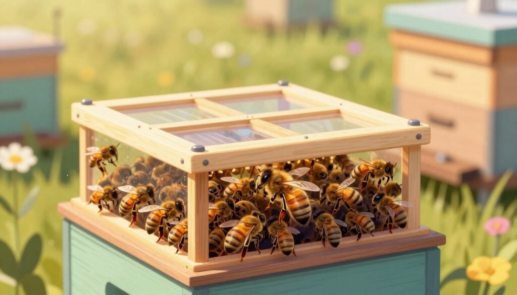 A detailed illustration depicting the critical factors for successful queen integration in a beekeeping context. In the foreground, a close-up of a push-in queen cage with a transparent structure, revealing a calm queen bee surrounded by worker bees, showing acceptance behavior. In the middle ground, a contrasting standard queen cage sits empty, symbolizing the challenges of integration. The background features a harmonious beehive environment with flowers and greenery, bathed in soft, golden sunlight to create a warm and inviting atmosphere. Use a shallow depth of field to emphasize the queen's presence while subtly blurring the background. The overall mood should convey serenity and coexistence, highlighting the importance of the queen’s successful acceptance among the colony.