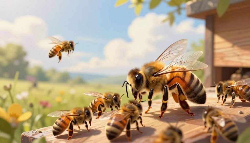 A detailed illustration depicting the factors influencing the mating schedule of a virgin queen bee. In the foreground, a close-up of a queen bee surrounded by worker bees, showcasing their interactions and the dynamics of the hive. The middle ground features an ethereal landscape of natural surroundings, emphasizing flowers and trees where mating flights occur. The background reveals a sunny sky with soft, fluffy clouds, creating an inviting atmosphere. Utilize warm lighting to highlight the bees and their environment, capturing a sense of vitality and natural beauty. The angle should be slightly tilted to provide depth, enhancing the focus on the queen and her attendants. Aim for a serene and informative mood, reflecting the critical elements impacting the mating process.