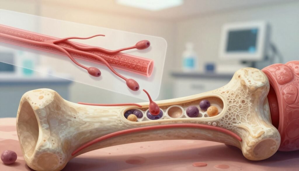 A detailed illustration depicting the process of bone regeneration healing. In the foreground, a close-up of a healing bone with visible callus formation, showcasing the intricate textures of new bone growth and cells in the repair phase. The middle ground features a transparent overlay illustrating blood vessels and osteoblasts actively contributing to bone regeneration. In the background, a softly blurred clinical environment suggesting a laboratory or medical setting, with warm, diffused lighting that conveys a sense of hope and healing. The perspective should be a macro shot, highlighting the precision and complexity of biological healing processes. The overall mood is one of optimism and science, emphasizing the importance of recovery and regeneration in healthcare. A detailed illustration depicting the process of bone regeneration healing. In the foreground, a close-up of a healing bone with visible callus formation, showcasing the intricate textures of new bone growth and cells in the repair phase. The middle ground features a transparent overlay illustrating blood vessels and osteoblasts actively contributing to bone regeneration. In the background, a softly blurred clinical environment suggesting a laboratory or medical setting, with warm, diffused lighting that conveys a sense of hope and healing. The perspective should be a macro shot, highlighting the precision and complexity of biological healing processes. The overall mood is one of optimism and science, emphasizing the importance of recovery and regeneration in healthcare.