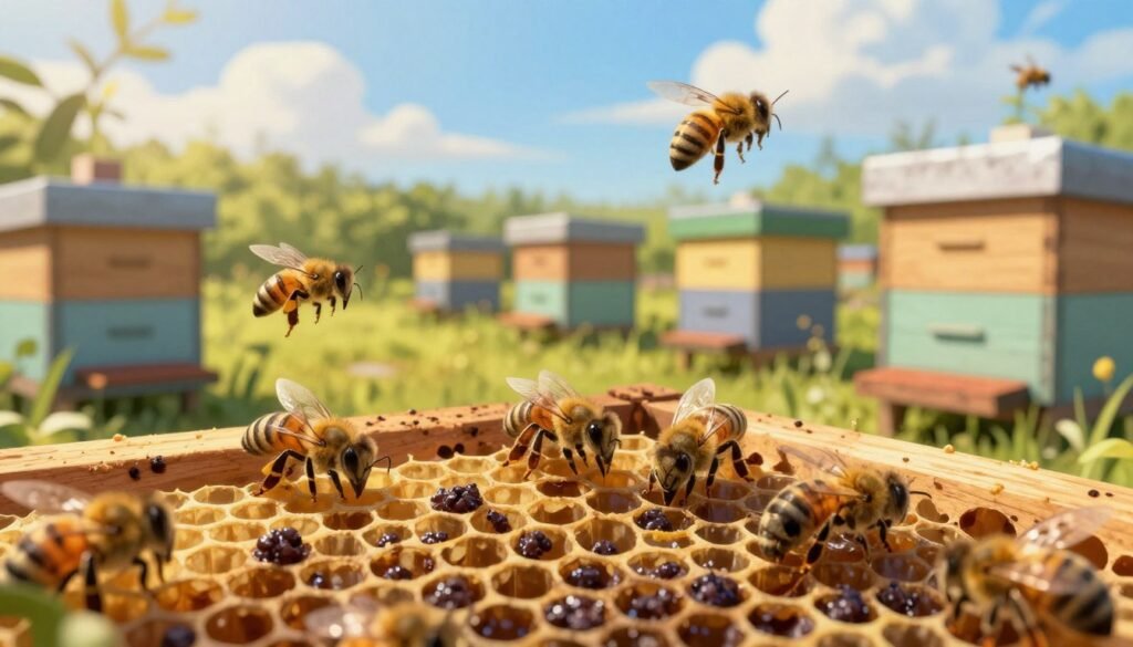 A detailed illustration depicting the spread of foulbrood disease in an apiary. In the foreground, close-up views of infected honeybee larvae in open brood cells, showing dark, unhealthy characteristics. The middle ground features several hives arranged in a vibrant, sunlit garden, with bees flying around, some appearing sluggish or diseased. In the background, a clear blue sky contrasts with clouds, hinting at impending weather changes that may impact bee health. Use warm, golden light to create a slightly ominous yet educational atmosphere, emphasizing the delicate balance between healthy and diseased hives. Capture this scene from a slightly elevated angle, giving a comprehensive view of the apiary while ensuring the focus remains on the disease’s impact.