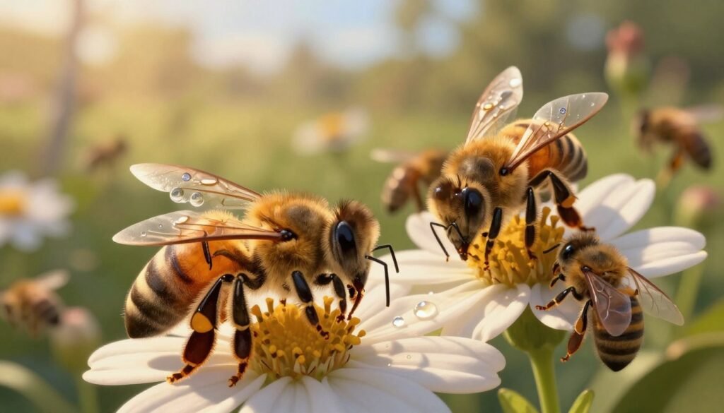 A detailed illustration depicting the synergistic effect of chronic bee paralysis virus and pesticide poisoning on honeybees. In the foreground, a close-up of a vibrant, distressed honeybee with visible signs of paralysis, its wings slightly askew. In the middle ground, several bees are struggling around a pesticide-treated flower, with droplets of pesticide glistening in the sunlight. The background features a blurred landscape of a lush garden, highlighting the contrast between the blooming flowers and the toxic environment. Warm, golden hour lighting casts soft shadows, creating an ethereal, yet somber mood. The angle is slightly tilted, enhancing the sense of urgency and struggle, capturing the plight of bees in this compounded stressor scenario.