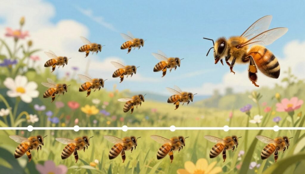 A detailed illustration depicting the timeline of mating flights for virgin queen bees. In the foreground, show a series of sequential stages highlighting the queen's emergence and preparation for her mating flight, with close-ups on her majestic, elongated body and delicate wings. The middle layer should portray a vibrant natural setting with lush flowers and a swarm of male drones engaged in aerial display, emphasizing their attraction to the queen. In the background, depict a clear blue sky with wispy clouds, indicating an ideal mating day. Use soft, warm lighting to create an inviting atmosphere, capturing the excitement and vitality of the moment. The overall mood should evoke a sense of nature's beauty and the intricate dance of life.