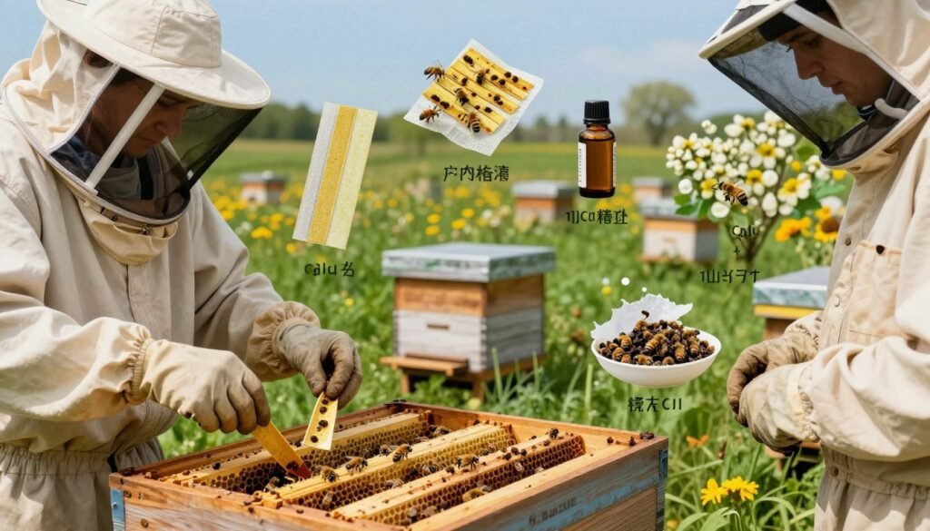 A detailed illustration depicting various mite control methods in a beekeeping context. In the foreground, show a beekeeper in professional attire carefully inspecting bee colonies in wooden hives, with a focus on their hands handling mite treatment equipment. In the middle, display a range of mite control strategies, including chemical strips, essential oils, and natural treatments, arranged artistically around the hives. In the background, illustrate a lush green apiary setting under a clear blue sky, with blooming flowers that attract bees, creating a vibrant atmosphere. Use bright, natural lighting to emphasize the healthy ecosystem of the apiary, with a focus on clarity and detail to enhance the educational aspect of the image.